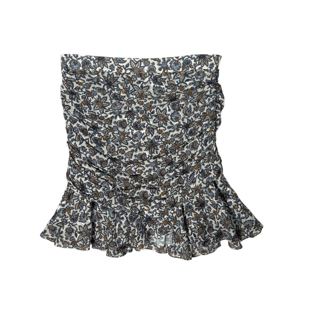 Veronica Beard Taras Ruched Silk Floral Mini Ruffle Skirt White Blue 4